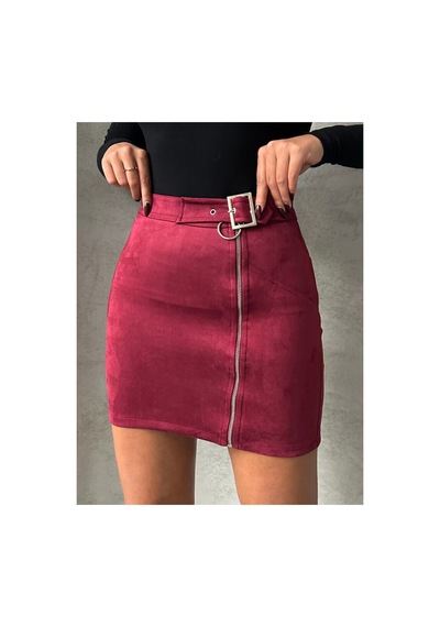 Verymoda Süet Fermuarlı Etek F0121 Bordo