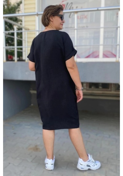 Mia Butik Büyük Beden Siyah Kolye Hediyeli Salaş Elbise Siyah