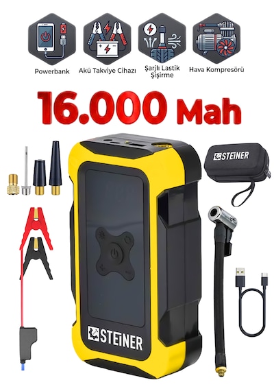 Steiner 16.000 Mah 4'ü 1 Arada 10 Bar Dijital Göstergeli Powerbank Led Fener Şarjlı Akü Takviye Cihazı Hava Kompresörü Sarı