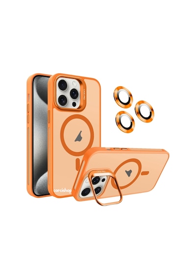 İphone 16 Pro Max Uyumlu Kılıf Açılır Kamera Stand Magsafeli Mat Renkli Şeffaf + Lens Koruyucu Set Turuncu