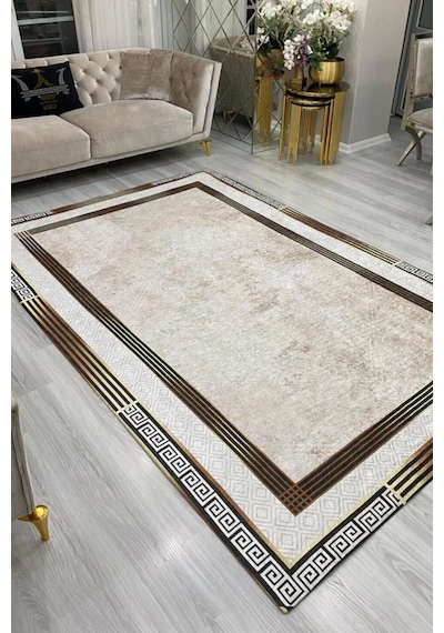 Modern Desenlerde Kadife Dokulu Lastikli Kaymaz Sünger Tabanlı Halı Örtüsü Beej Kahve 300 400 Bej