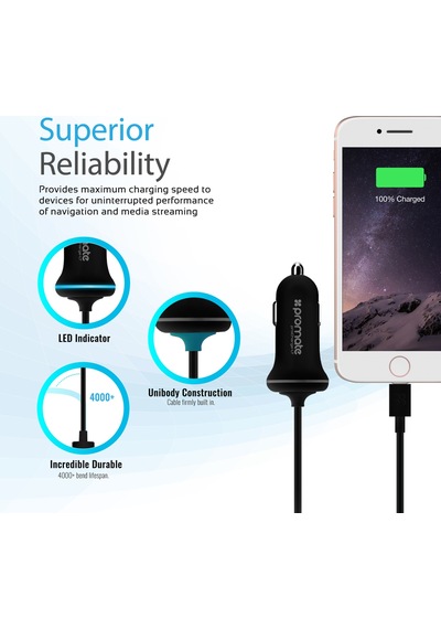 Promate iPhone Lightning Araç Çakmak Şarj Cihazı MFI Onaylı Siyah