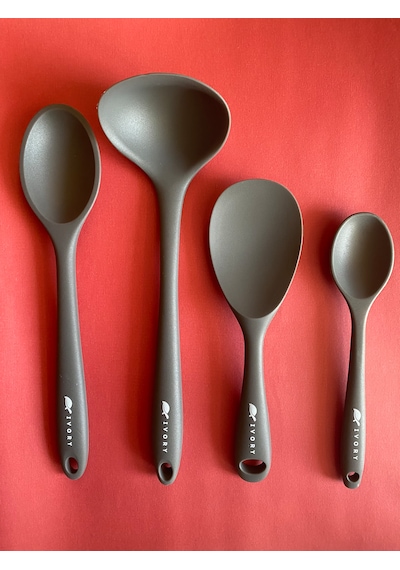 Isıya Dayanıklı Silikon Kevgir Kaşık Spatula Seti 6 Prç Gri