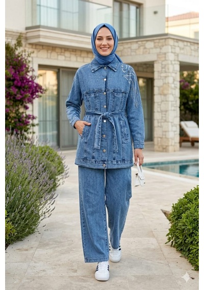 Hb Harma Time Butik Kadın Kuşaklı Taş İşlemeli Kot Mavi Tunik Pantolon İkili Takım Mavi Mavi