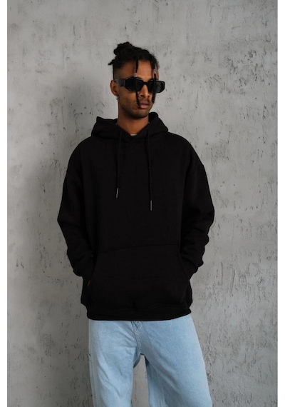 Erkek 3 İplik Pamuklu Kapüşonlu Kanguru Cepli Sweatshirt Hoodie - Siyah