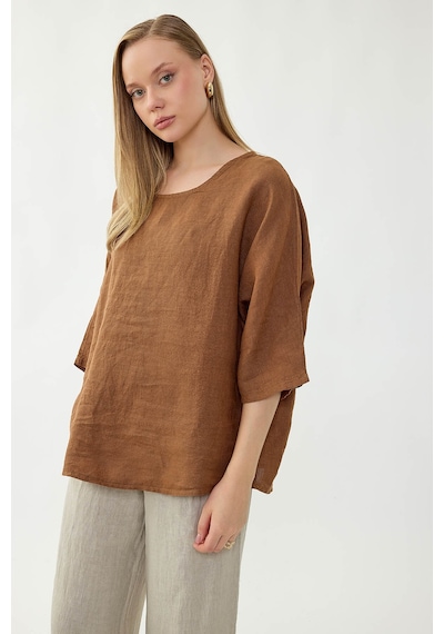 Vitrin %100 Keten Geniş Yaka Oversize Kısa Kol Bluz Açık Kahverengi