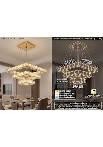 Ala Lighting Plaket Kristal Taş Işlemeli 201 Gold Paslanmaz Kare Avize Altın - Gold