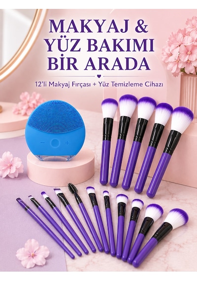 Makyaj Ve Yüz Bakım Seti 12 Li Mor Makyaj Fırçası Silikon Yüz Temizleme Ve Cilt Bakım Cihazı - Lisinya