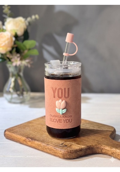 Minnoş 350ml Cam Pipetli Bardak Kapaklı Süet Kılıflı Soğuk Kahve Smoothie Sunum Bardağı C