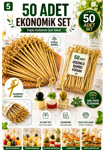 50 Adet Düğümlü Bambu Kürdan 12 Cm Kokteyl Parti Davet Aperatif Sunum Kürdanı 50'li Set Paket