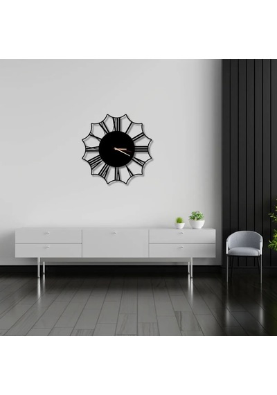 Metal Duvar Saati Çiçek Görünümlü Dekoratif Saat Siyah-46 X 46