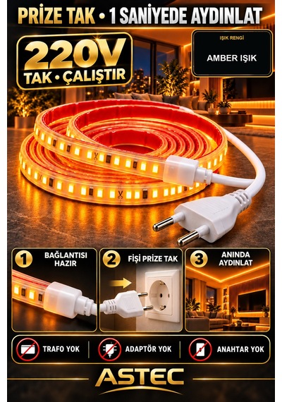 Astec Yapışkanlı 1 Metre Amber 220v Silikonlu Şerit Led Yüksek Güç Tak Çalıştır İç Dış Mekân Su Geçirmez