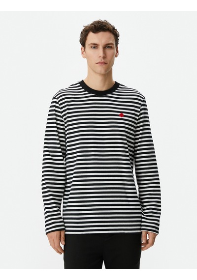 Koton Bisiklet Yaka Sweatshirt Çiçek Nakışlı Pamuklu Siyah Çizgili 4wpm70001hk Siyah
