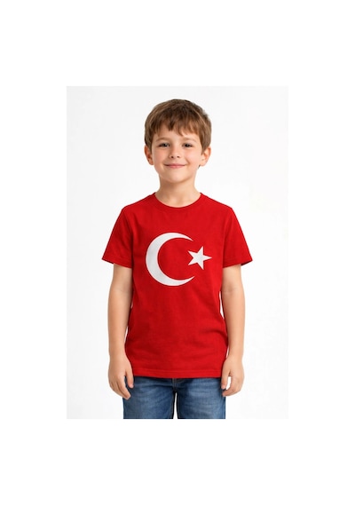 Erkek Çocuk Tişört Bisiklet Yaka Ay Yıldız Bayrak Baskılı T-shirt - Kırmızı Çok Renkli
