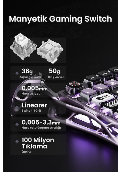 Gravastar Mercury V75 Pro He Hall Effect Manyetik Switch Gaming Klavye, Hot-swappable, Rapid Trigger