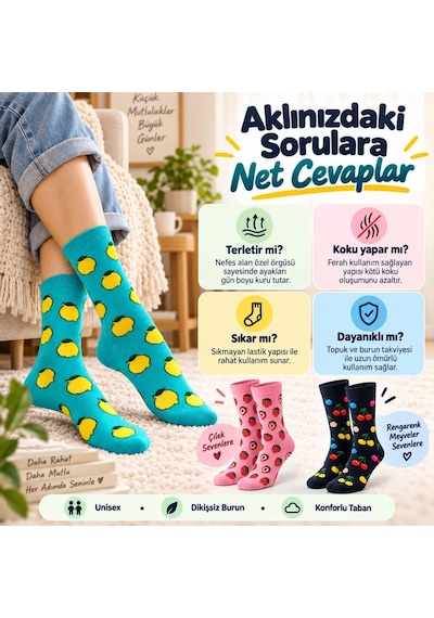 S'82 Kadın Ve Erkek Çorap Meyve Desenli Renkli 3'lü Set Uzun Soket Günlük Rahat Çorap Seti Çok Renkli