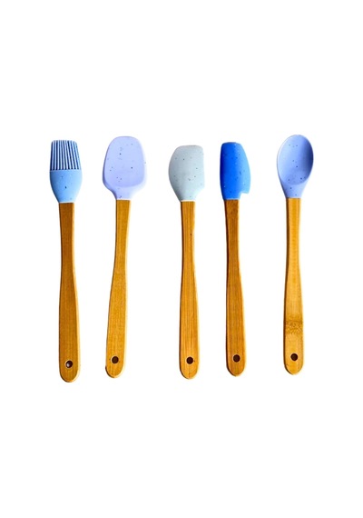 Ayrex Meturas Mutfak Bambu Silikon Isıya Dayanıklı Kaşık Kepçe Takımı 5 Li Set Spatula & Fırça Mavi