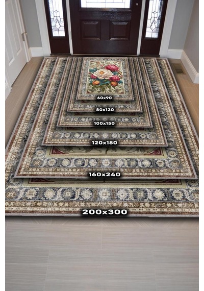 Homshtag Art Deco Şakayık Çiçeği Vintage Halı Görünümlü Dijital Baskı Renkli Halı Rustik Çiçek Halı Çok Renkli