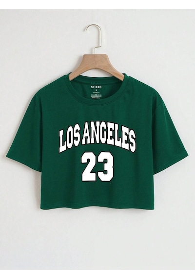 Los Angeles 23 Crop - Nefti Yeşil Baskılı Oversize Bisiklet Yaka Nefti Yeşil