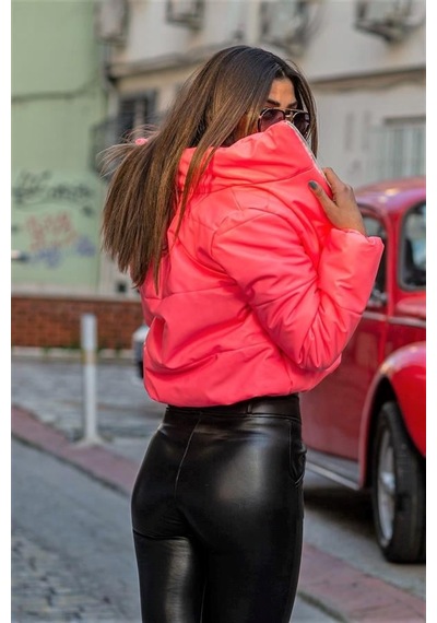 Pembe Dik Yaka Kısa Deri Şişme Mont