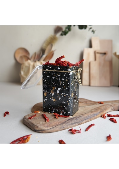 Terrazzo Black Desenli Kilitli Kapaklı Dikdörtgen Metal Saklama Kabı 7.5 x 10 x 15 CM 1 L