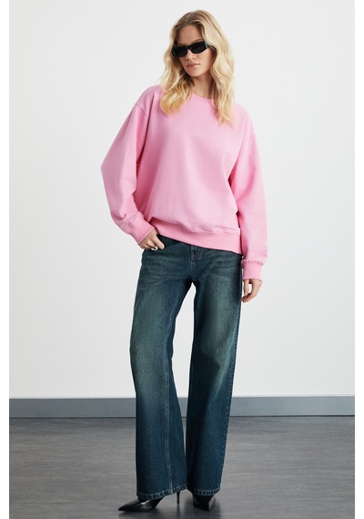 Grımelange Karıus  Kadın Organik Pamuklu Içi Polarlı Oversize Yuvarlak Yakalı Pembe Sweatshirt