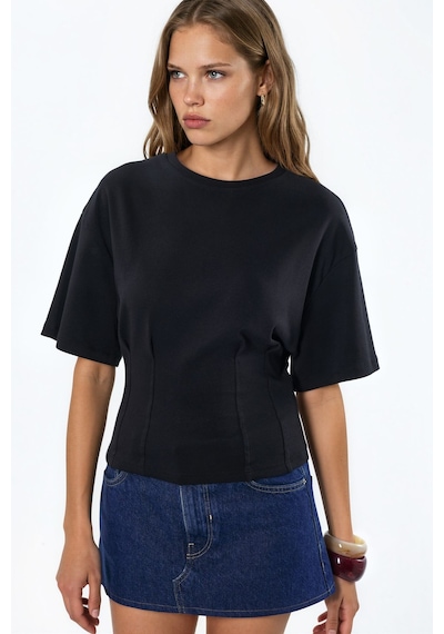 Hiccup Busem Women S Cotton Ribbed Crew Neck Blouse Siyah