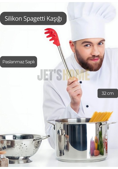 Silikon Spagetti Kaşığı Paslanmaz Saplı Kırmızı 32 Cm Kırmızı