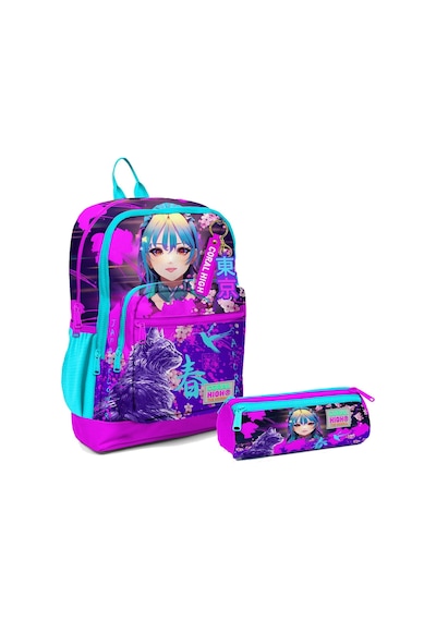 Coral High İlkokul Sırt Çantası ve Kalemlik Seti - Mor Pembe Anime Kedi - Kız Çocuk
