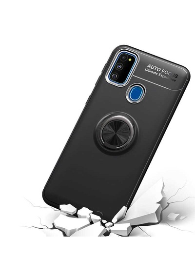 Samsung Galaxy Uyumlu M21 Kilif Yüzüklü Tam Korumali Silikon Kapak Siyah