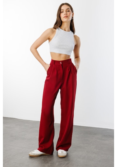 Genius Store Kadın Pileli Kumaş Yüksek Bel Palazzo Pantolon Pantolon-002 Bordo