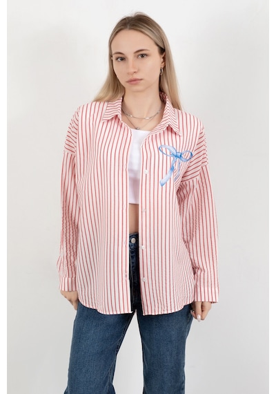 Giysa Kadın Fiyonk Baskılı Oversize Çizgili Gömlek Kırmızı Beyaz - 71567 Kırmızı