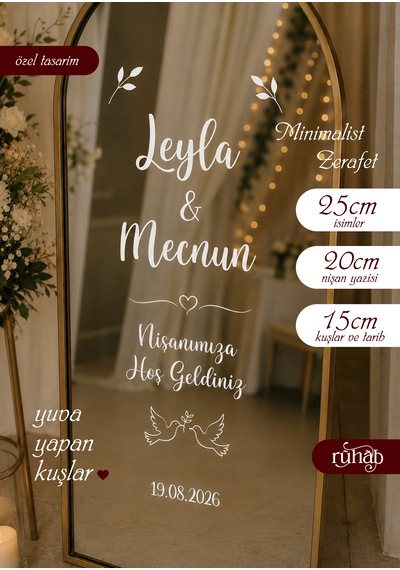 Düğün Nişan Söz / Ayna Yazısı / Karşılama Aynası / Sticker / 40 Cm / Kuş Ve Kalp Detaylı