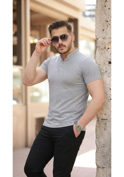 Efnaz Style Erkek Hakim Yaka Dokuma Pamuklu Kumaş Kısa Kollu T-shirt Gri