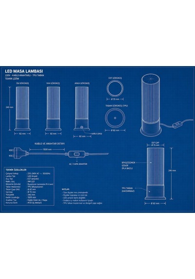 Tr Led Masa Lambası, Biyoçözünür Pla Gövde, Tpu Taban, E27 Duy, 220v, Kablo Anahtarlı, 240mm, Beyaz Ve Siyah Genel