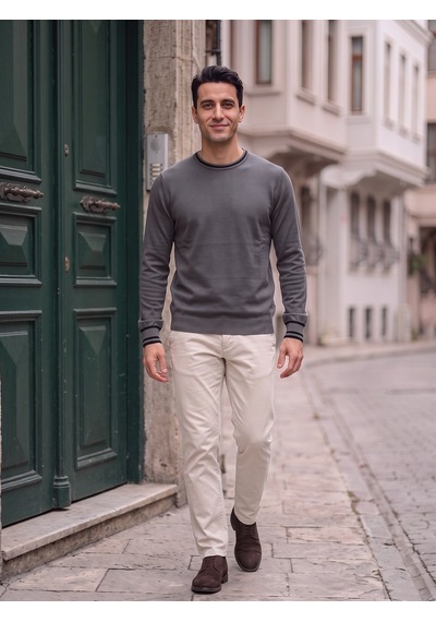 Maccali Erkek Antrasit Kontrast Şeritli Bisiklet Yaka Triko Sweatshirt