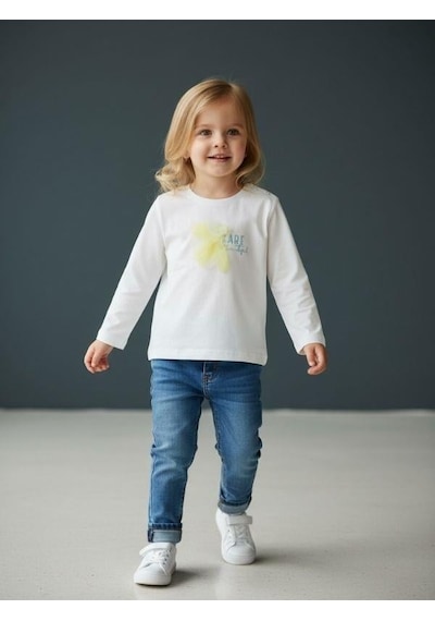 Zekids Kız Bebek Pamuklu Çiçek İşlemeli Yazı Baskılı İnce Uzun Kollu T-shirt-16553 Çok Renkli