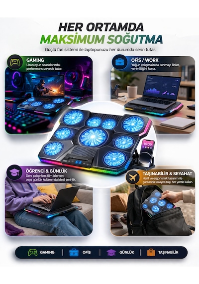 9 Fanlı Laptop Soğutucu 2400 Rpm Ultra Güçlü Fan 13-19 İnç Laptoplar İle Uyumlu 8 Kademe Yükseklik