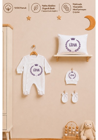 Pia Baby Kız Bebek İsimli %100 Pamuk Hastane Çıkışı 6 Parça Tulum Şapka Eldiven Hediye Seti 2074tybk0x Krem