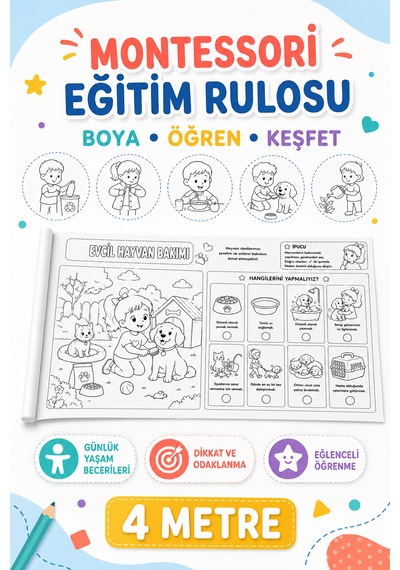 Haydi Dekor Montessori Eğitimi Rulosu 4 Metre Çocuklar Için Boyama Ve Etkinlik Rulosu Günlük Yaşam Becerileri, Dikkat, Sıralama Ve Doğru Seçim Çalışmaları 1 Adet