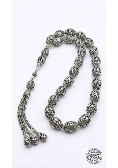 925 Ayar Oval Kesim 3 Kamçılı Püskül Orta Boy Spiral Desenli Otantik Gümüş Tesbih Gümüş  - Siyah