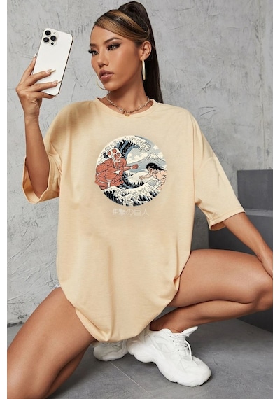 Unisex Kanagawa Oki Nami Ura Baskılı T-shirt Bej