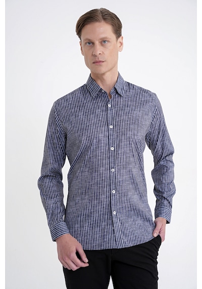 Slim Fit Klapa Yaka Esnek Pamuklu Siyah Çizgili Gömlek G 1599