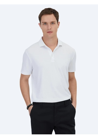 Kip Beyaz Jakarlı Polo Yaka T-shirt Beyaz