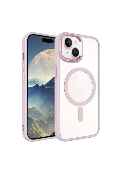Zeyline Apple Uyumlu iPhone 15 Plus Wireless Şarj Özellikli Zore Krom Magsafe Silikon Kapak-pembe Açık