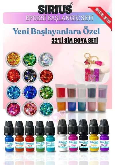 Epoksi Reçine Başlangıç Seti 32 Parça Renkli Pigment+mica Toz + Sim Pul Seti Uv Ve Epoksi Uyumlu