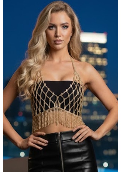 Caş Dekorasyon Altın Renk Taşlı Bikini Üstü Bralet/ Vücut Aksesuarı Altın