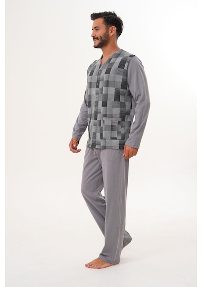 Çift Kaplan Erkek Çilli Desen Önden Düğmeli Gri Pijama Takımı 8032 Gri