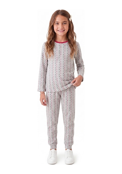 Onloox Kız Çocuk Açık Gri Melanj Kız Açık Gri Melanj Penye Bisiklet Yaka Puantiye Desenli Lastik Paça Pijama Takımı 4-8 Yaş