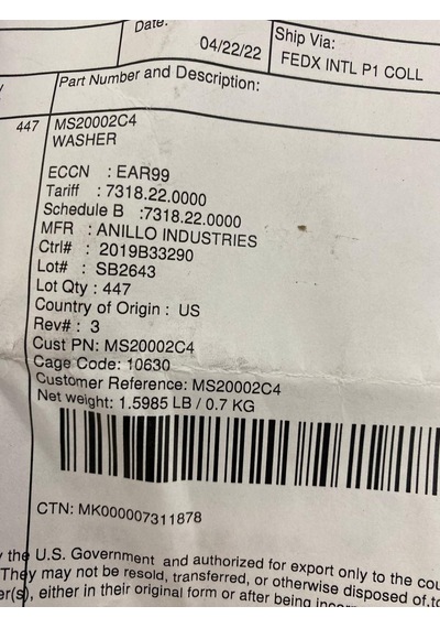 Anillo Ms20002c4 Havacılık Pulu 447 Adet